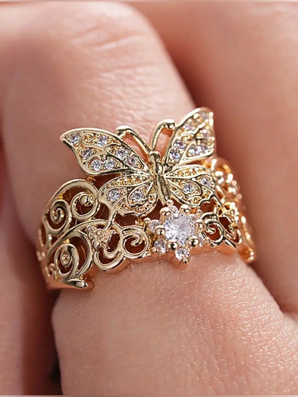 Gold Butterfly Filigree Clear Crystal Ring.